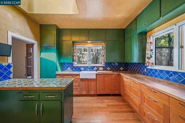 Interior, Kitchen, Tile Countertops, Wood Texture Flooring