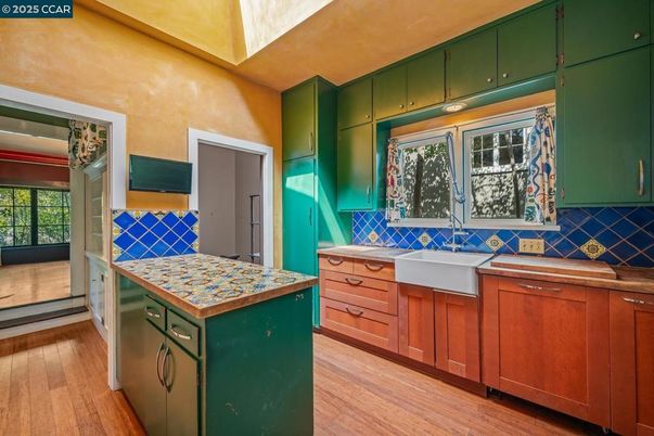 Interior, Kitchen, Tile Countertops, Wood Texture Flooring