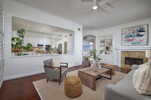 Fireplace, Interior, Kitchen, Living room, Recessed Lighting, Stainless Steel Appliances, Wood Texture Flooring