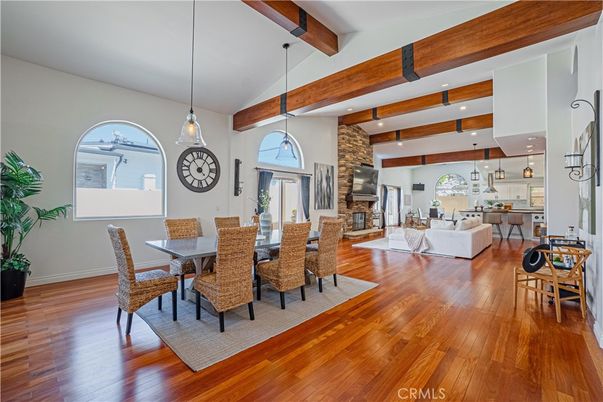Dining room, Fireplace, Interior, Kitchen, Living room, Pendant Lights, Recessed Lighting, Stone Walls, Wooden Beams, Wood Texture Flooring