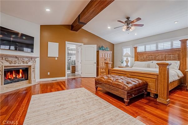 Bedroom, Fireplace, Interior, Recessed Lighting, Wooden Beams, Wood Texture Flooring