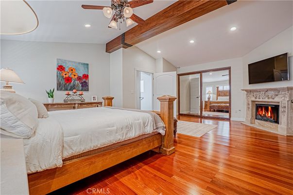 Bedroom, Fireplace, Interior, Recessed Lighting, Wooden Beams, Wood Texture Flooring