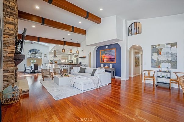 Dining room, Fireplace, Interior, Kitchen, Living room, Pendant Lights, Recessed Lighting, Stainless Steel Appliances, Wooden Beams, Wood Texture Flooring
