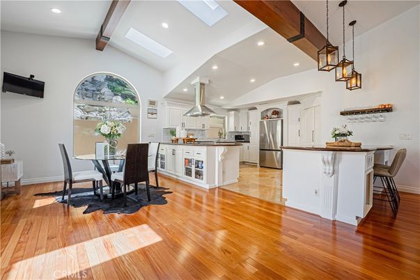 Dining room, Interior, Kitchen, Pendant Lights, Recessed Lighting, Stainless Steel Appliances, Wooden Beams, Wood Texture Flooring