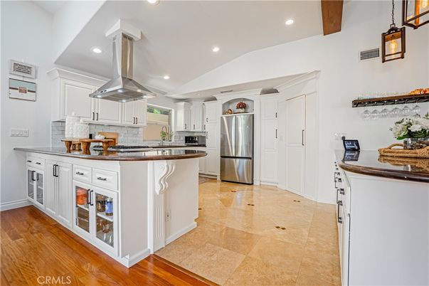 Interior, Kitchen, Pendant Lights, Recessed Lighting, Stainless Steel Appliances, Wooden Beams, Wood Texture Flooring
