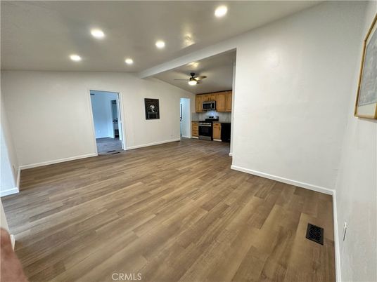 Empty room, Interior, Kitchen, Recessed Lighting, Wood Texture Flooring