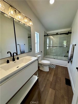 Bathroom, Glass Shower, Interior, Recessed Lighting, Wood Texture Flooring
