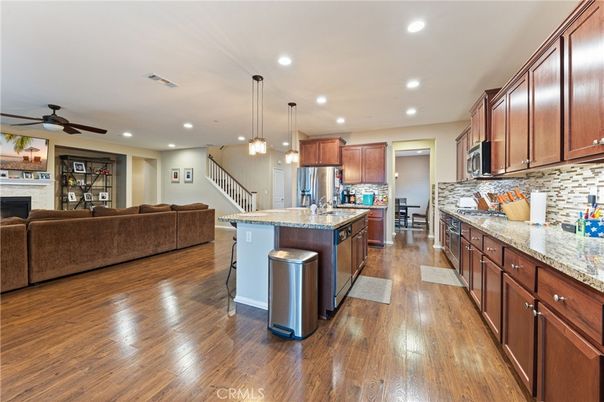 Fireplace, Interior, Kitchen, Living room, Pendant Lights, Recessed Lighting, Wood Texture Flooring