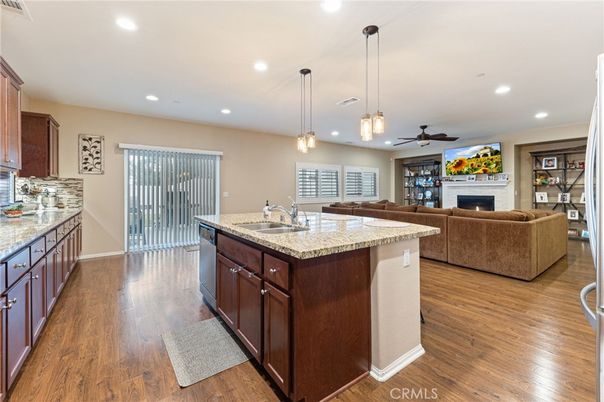 Fireplace, Interior, Kitchen, Living room, Pendant Lights, Recessed Lighting, Wood Texture Flooring