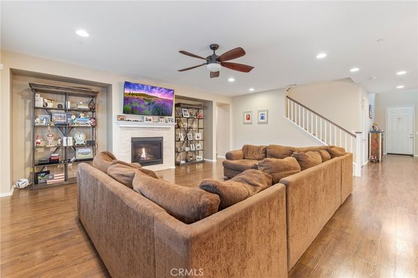 Fireplace, Interior, Living room, Recessed Lighting, Wood Texture Flooring