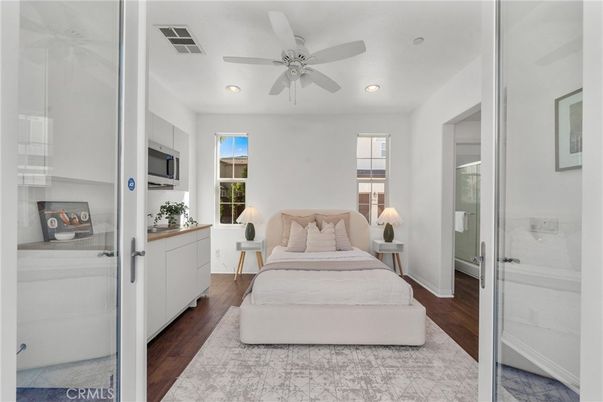 Bathroom, Bedroom, Glass Shower, Interior, Recessed Lighting, Wood Texture Flooring