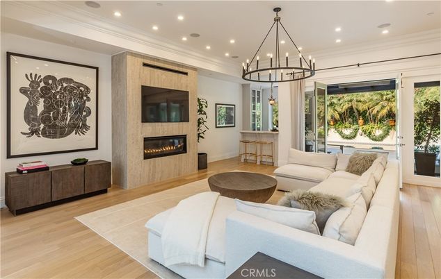 Chandelier, Fireplace, Interior, Living room, Recessed Lighting, Wood Texture Flooring