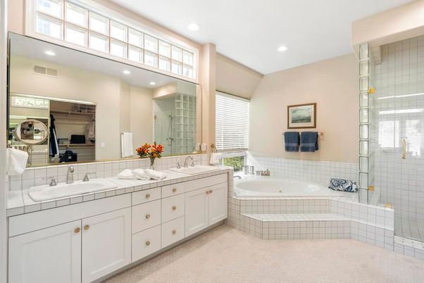 Bathroom, Dual Sink Vanities, Glass Shower, Interior, Recessed Lighting, Tile Countertops