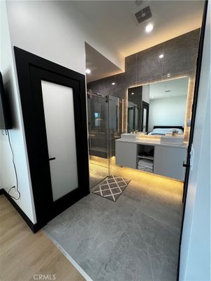Bathroom, Glass Shower, Interior, Recessed Lighting, Wood Texture Flooring