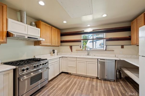 Interior, Kitchen, Recessed Lighting, Stainless Steel Appliances, Wood Texture Flooring