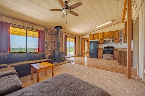 Fireplace, Interior, Kitchen, Living room, Stone Walls, Wood Texture Flooring