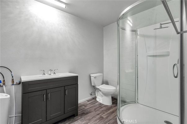 Bathroom, Glass Shower, Interior, Wood Texture Flooring