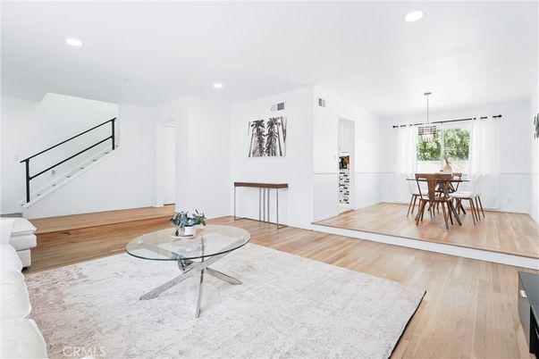 Dining room, Interior, Pendant Lights, Recessed Lighting, Wood Texture Flooring