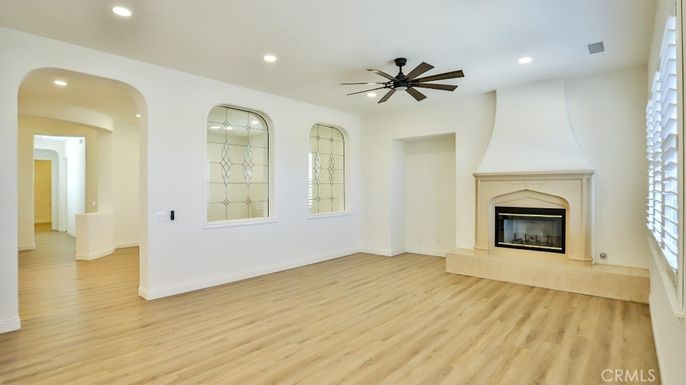 Empty room, Fireplace, Interior, Recessed Lighting, Wood Texture Flooring
