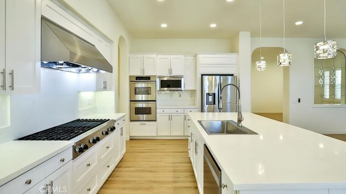 Interior, Kitchen, Pendant Lights, Recessed Lighting, Stainless Steel Appliances, Wood Texture Flooring