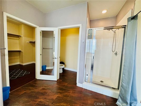 Bathroom, Glass Shower, Interior, Recessed Lighting, Walk-in Closets, Wood Texture Flooring
