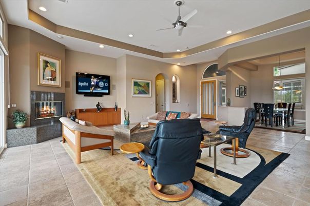 Dining room, Fireplace, Interior, Living room, Recessed Lighting