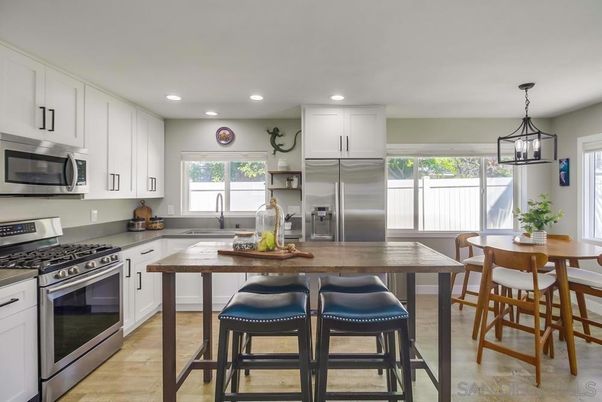 Dining room, Interior, Kitchen, Pendant Lights, Recessed Lighting, Stainless Steel Appliances, Wood Texture Flooring