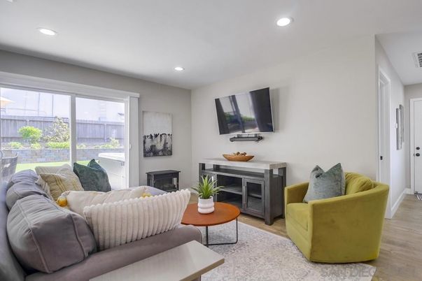 Fireplace, Interior, Living room, Recessed Lighting, Wood Texture Flooring