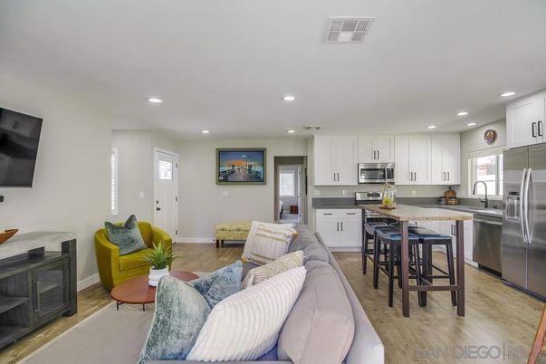 Interior, Kitchen, Living room, Recessed Lighting, Stainless Steel Appliances, Wood Texture Flooring