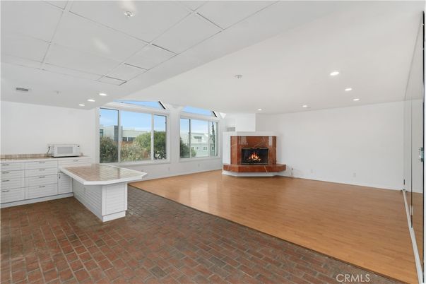 Empty room, Fireplace, Interior, Recessed Lighting, Wood Texture Flooring