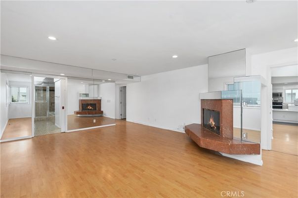 Empty room, Fireplace, Interior, Recessed Lighting, Wood Texture Flooring