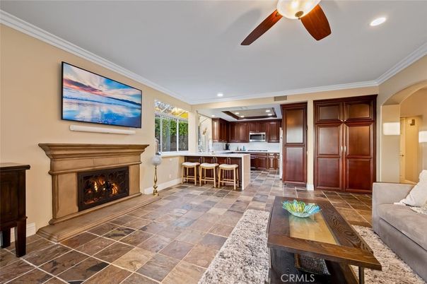 Fireplace, Interior, Kitchen, Living room, Recessed Lighting