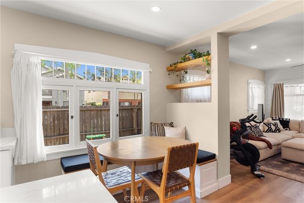 Dining room, Interior, Living room, Recessed Lighting, Wood Texture Flooring