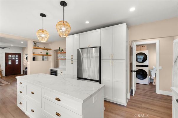 Interior, Kitchen, Pendant Lights, Recessed Lighting, Stainless Steel Appliances, Washer, Wood Texture Flooring