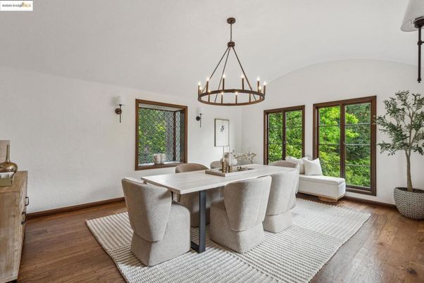 Chandelier, Dining room, Interior, Wood Texture Flooring