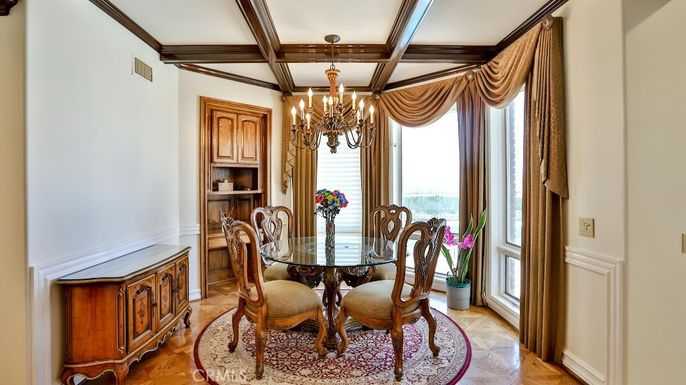 Chandelier, Dining room, Interior, Water, Wooden Beams, Wood Texture Flooring