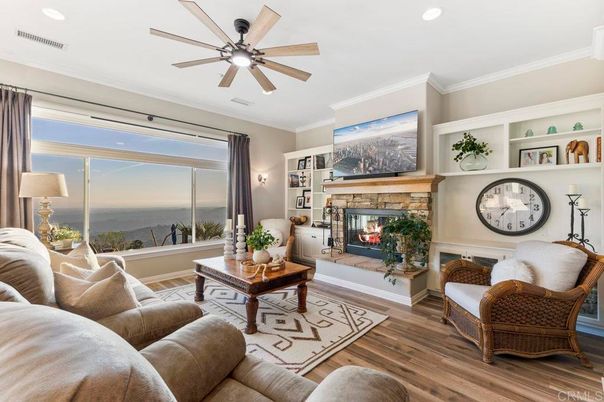 Fireplace, Interior, Living room, Recessed Lighting, Water, Wood Texture Flooring