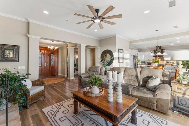 Chandelier, Interior, Kitchen, Living room, Recessed Lighting, Wood Texture Flooring