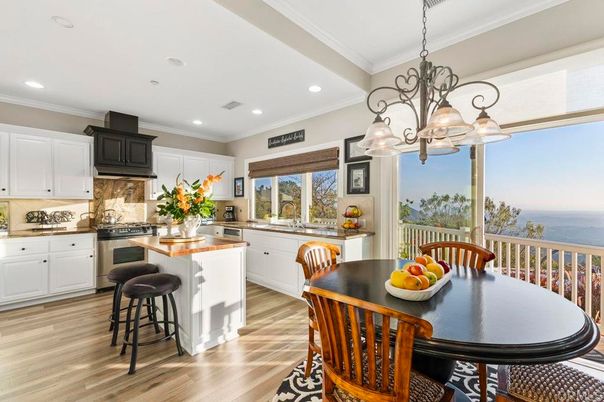 Chandelier, Dining room, Interior, Kitchen, Recessed Lighting, Water, Wood Texture Flooring