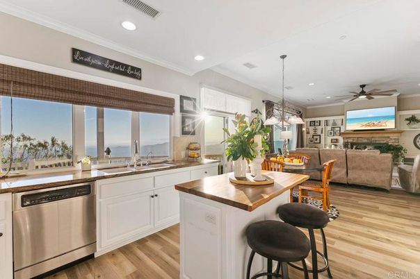 Fireplace, Interior, Kitchen, Living room, Pendant Lights, Recessed Lighting, Stainless Steel Appliances, Wood Texture Flooring