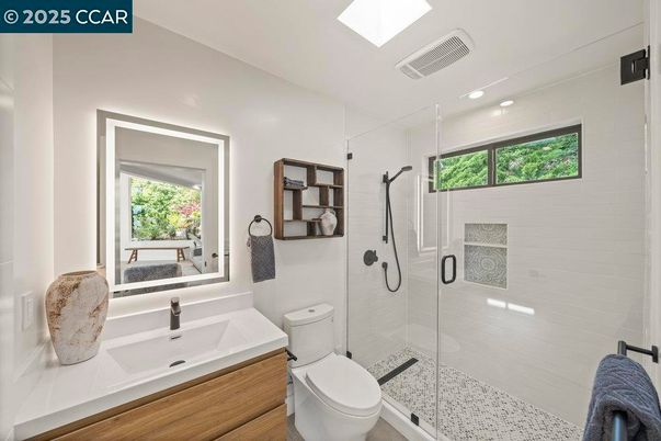 Bathroom, Glass Shower, Interior, Recessed Lighting, Wood Texture Flooring
