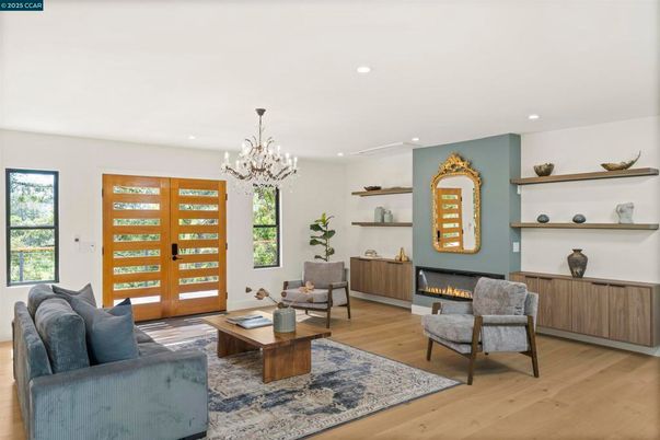 Chandelier, Fireplace, Interior, Living room, Recessed Lighting, Wood Texture Flooring