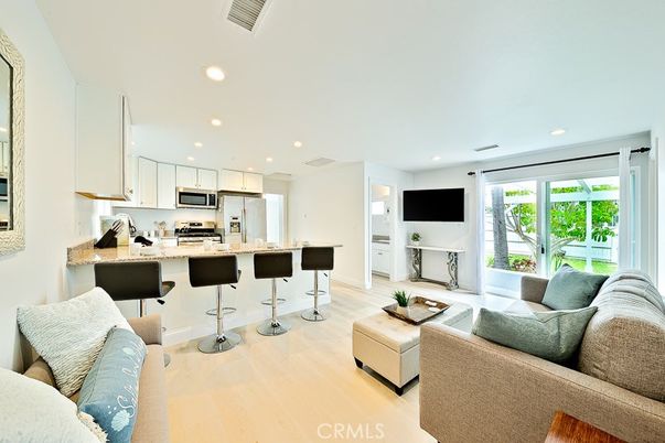 Interior, Kitchen, Living room, Recessed Lighting, Stainless Steel Appliances, Wood Texture Flooring