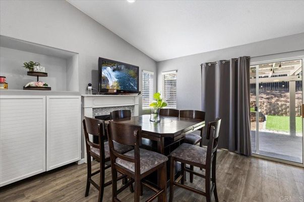Dining room, Fireplace, Interior, Recessed Lighting, Wood Texture Flooring