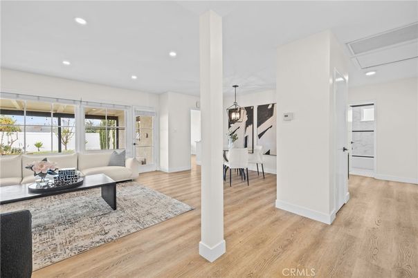 Dining room, Interior, Living room, Pendant Lights, Recessed Lighting, Wood Texture Flooring