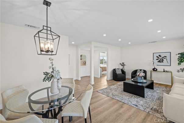 Dining room, Interior, Living room, Pendant Lights, Recessed Lighting, Wood Texture Flooring