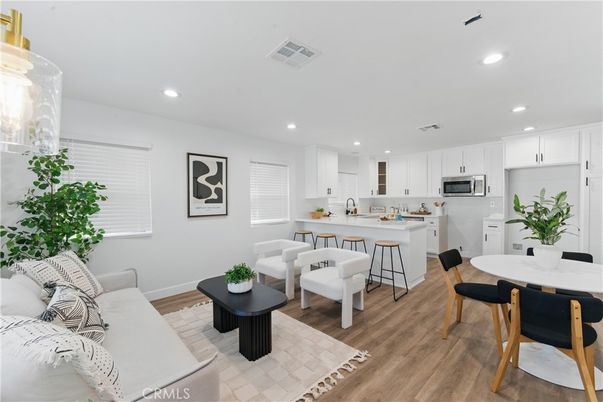Dining room, Interior, Kitchen, Living room, Recessed Lighting, Wood Texture Flooring