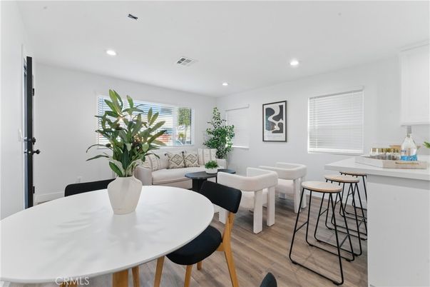 Dining room, Interior, Living room, Recessed Lighting, Wood Texture Flooring