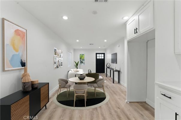 Dining room, Interior, Recessed Lighting, Wood Texture Flooring