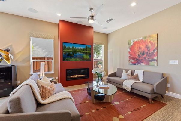 Fireplace, Interior, Living room, Recessed Lighting, Wood Texture Flooring